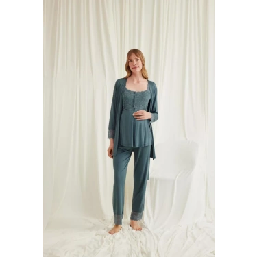Dantelli Önü Düğmeli Hamile Lohusa 3lü Viskon Pijama Takımı