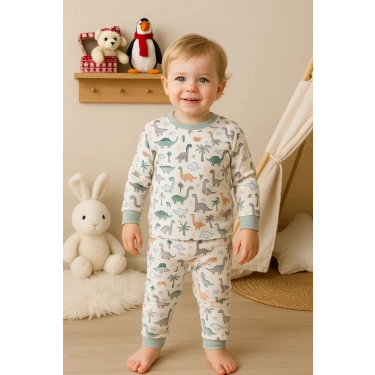 Dinazor Desenli Erkek Bebek Eşofman Takımı %100 Pamuk