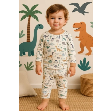 Dinazor Desenli Erkek Bebek Eşofman Takımı %100 Pamuk