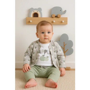 Elma Desenli Ceketli 3lü Kız Bebek Takımı