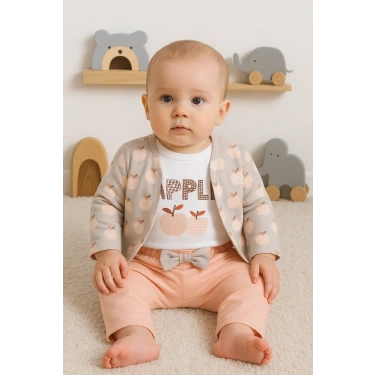 Elma Desenli Ceketli 3lü Kız Bebek Takımı