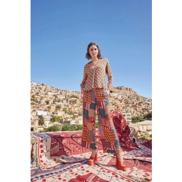 Etnik Desenli Saten Alt Üst Takım