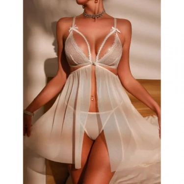 Fantezi Beyaz Dantel Sütyenli Transparan Gecelik