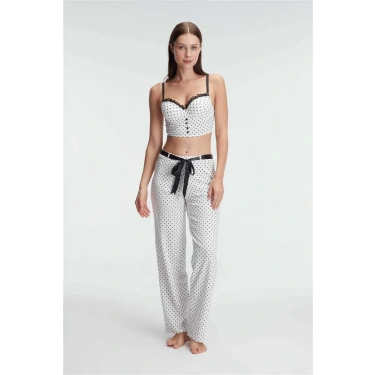 Fantezi Bralet Sütyen Pamuklu Puantiye Desenli Desteksiz Dantel Detaylı Pijama Takımı