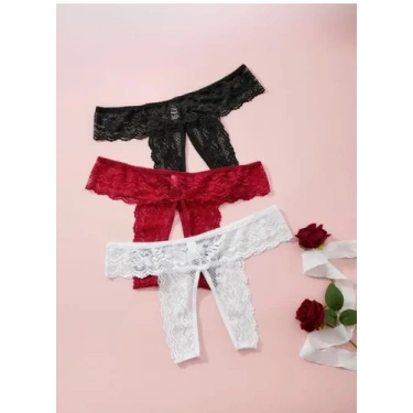 Fantezi Kadın 3lü Özel Bölgeleri Açık Dantelli Tanga Seti