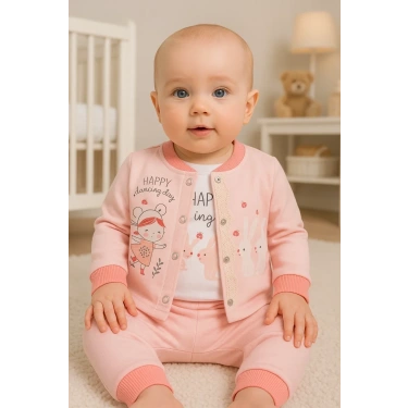 Happy Dancing Desenli 3lü Hırkalı Kız Bebek Takım