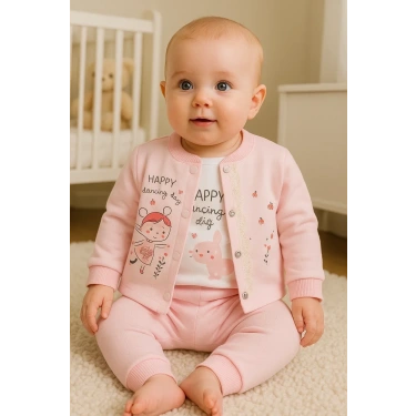 Happy Dancing Desenli 3lü Hırkalı Kız Bebek Takım