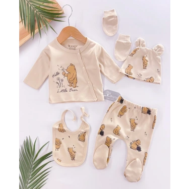 Hello Little Bear Baskılı 5 Parça %100 Pamuk Erkek Bebek Hastane Çıkışı