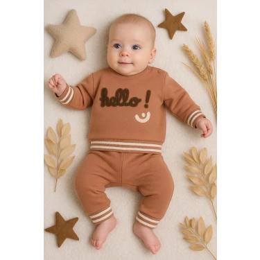 Hello Nakışlı % 100 Pamuk 2li Erkek Bebek Takım