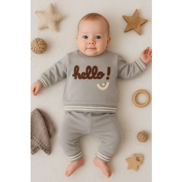 Hello Nakışlı % 100 Pamuk 2li Erkek Bebek Takım