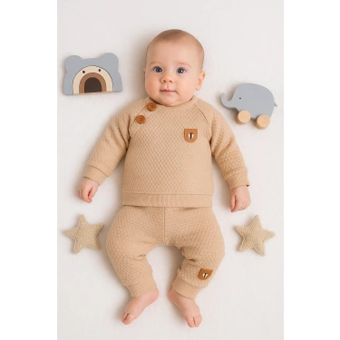 Jakarlı Omuzdan Düğmeli 2li Erkek Bebek Takımı