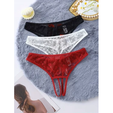 Kadın 3lü Seksi Ağ Bölgesi Açık Dantelli Tanga Seti