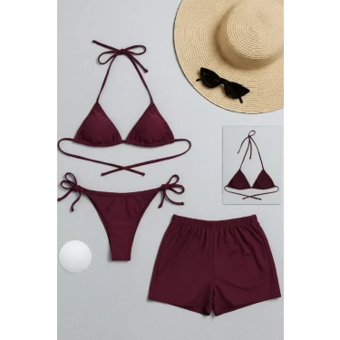 Kadın 3lü Set Bordo Şortlu Ve Yandan Bağlamalı Bikini Mayo Takımı