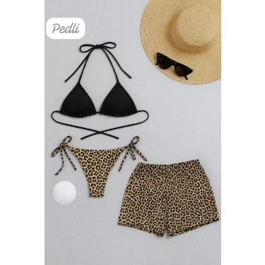 Kadın 3lü Set Siyah Ve Leopar Desenli Şortlu Yandan Bağlamalı Bikini Mayo Takımı