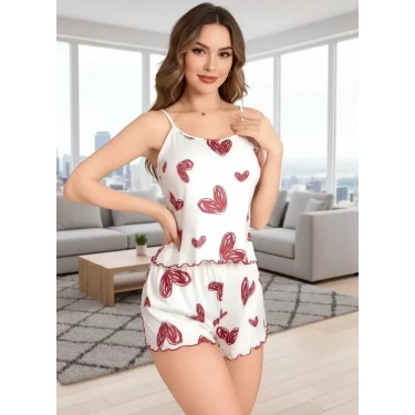 Kadın Beyaz Kalp Desenli Şortlu Gecelik Pijama Takımı Sevimli Rahat 2’li Set