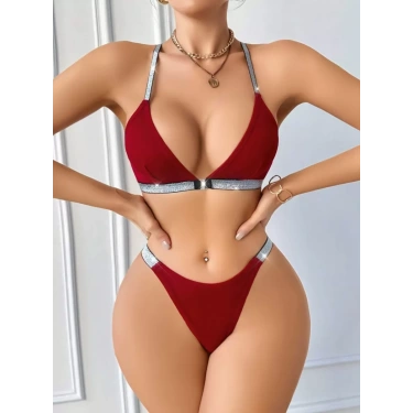 Kadın Bordo Love Yazılı Arkası Çarpraz Mayo Bikini 5169