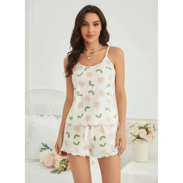 Kadın Ekru Çiçek Baskılı Şortlu Gecelik Pijama Takımı Rahat Şık 2’li Set