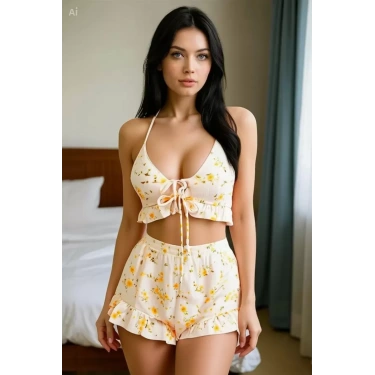 Kadın Ekru Çiçek Desenli Askılı Şortlu Pijama Takımı Rahat Şık 2’li Set