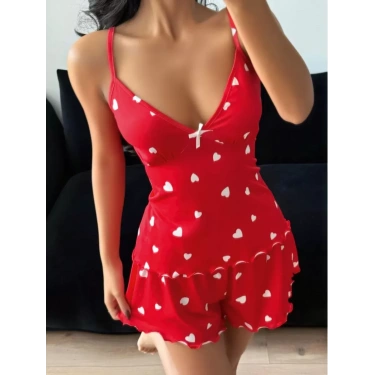Kadın Kalp Desenli Şortlu Pijama Takımı Rahat Ve Şık Ev Giyim Seti
