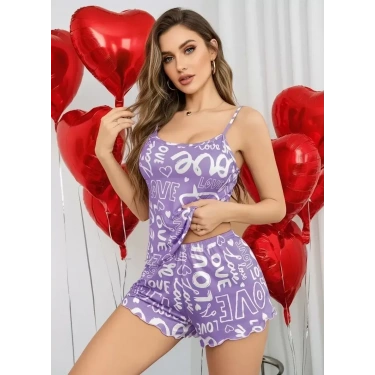 Kadın Mor Love Yazı Desenli Şortlu Pijama Takımı Rahat Şık 2’li Set