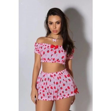Kadın Pembe Çilek Desenli Şortlu Pijama Takımı