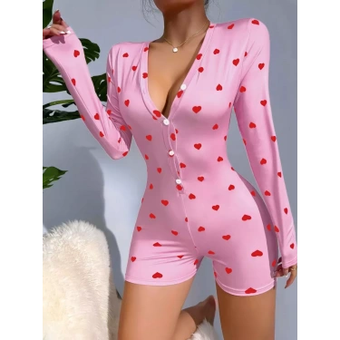 Kadın Pembe Kalp Desenli Pijama Tulumu 5121