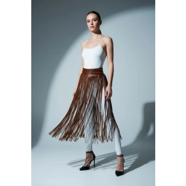 Kahverengi Etek Deri Görünümlü Püsküllü Yüksek Bel Etek - Brf1090