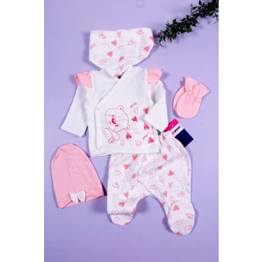 Kalp Desenli 5li Kız Bebek Hastane Çıkış Seti