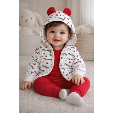 Kalp Desenli Kulaklı 3 Lü Kız Bebek Takımı