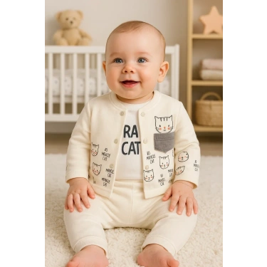 Kedi Desenli 3lü Hırkalı Kız Bebek Takım