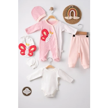 Kelebek Nakışlı Puanlı Tulumlu % 100 Pamuk Kız Bebek 5li Set