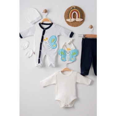 Kelebek Nakışlı Tulumlu % 100 Pamuk Erkek Bebek 5li Set