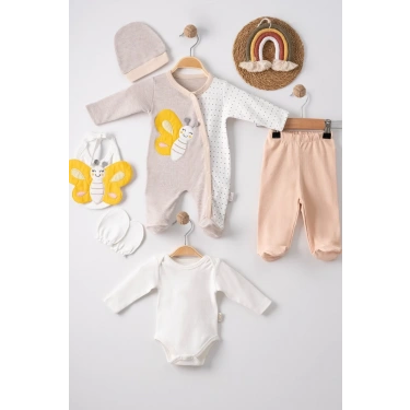 Kelebek Nakışlı Tulumlu % 100 Pamuk Erkek Bebek 5li Set