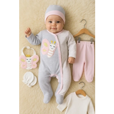 Kelebek Nakışlı Tulumlu % 100 Pamuk Kız Bebek 5li Set
