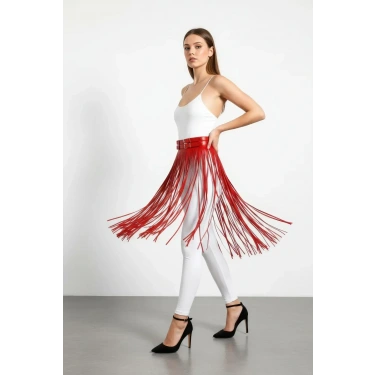 Kırmızı Etek Püsküllü Suni Deri Etek Yüksek Bel Etek - Brf1090