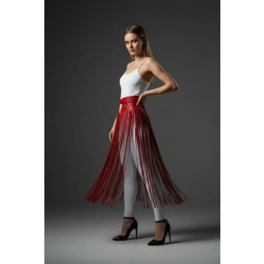 Kırmızı Etek Uzun Püskül Detaylı Etek Suni Deri Etek - Brf1003