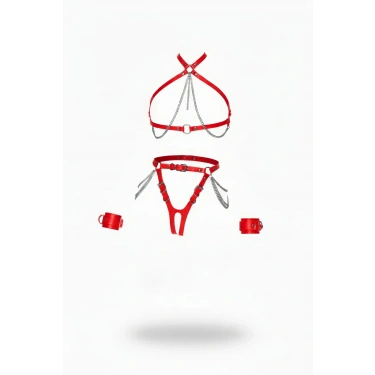 Kırmızı Harness Takım Zincir Detaylı 4 Parça Vücut Seti - Brf1224