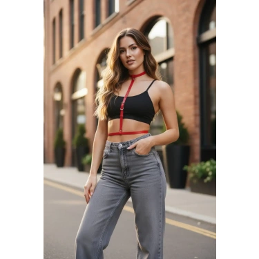 Kırmızı Kadın Kemer İnce Deri Çok Bantlı Vücut Aksesuarı - Brf188