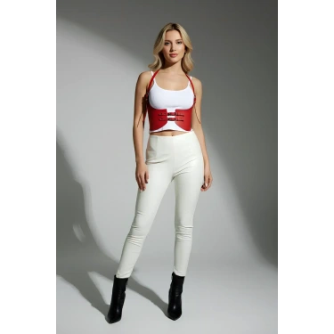 Kırmızı Renk Kalın Kadın Kemeri, Elbise Kemeri, Şık Deri Kemer, Deri Kemer Harness - Brf605