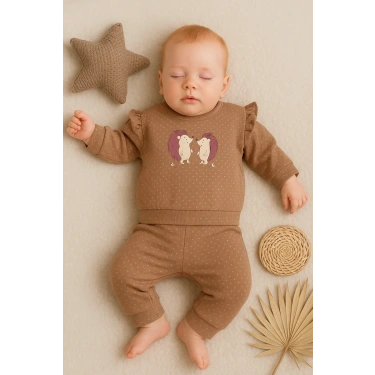 Kirpi Nakışlı % 100 Pamuk 2li Kız Bebek Takım