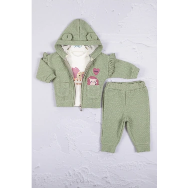 Kirpi Nakışlı % 100 Pamuk 3lü Kız Bebek Takım