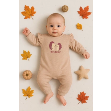 Kirpi Nakışlı % 100 Pamuk Kız Bebek Tulum