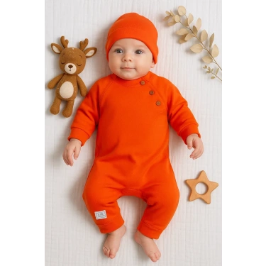 Kollu Düğme Detaylı Unısex Bebek Tulumu