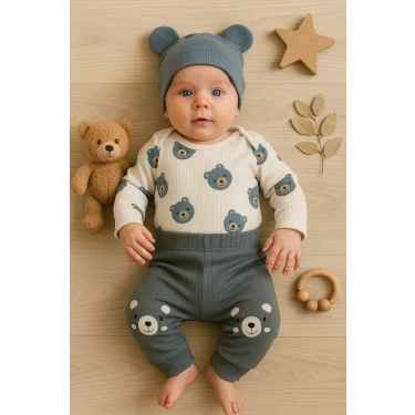 Kulaklı Ayıcık % 100 Pamuk 3lü Erkek Bebek Takım