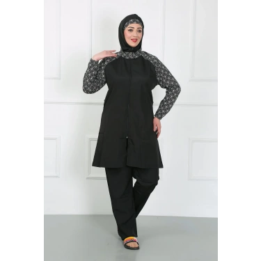 Moda Büyük Beden Desenli Tesettür Mayo Siyah
