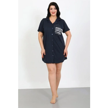 Moda Büyük Beden Penye Düğmeli Lacivert Tunik Gecelik
