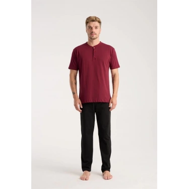 Moda Erkek Bordo Düğmeli Yaka Kısa Kol Pijama Takımı