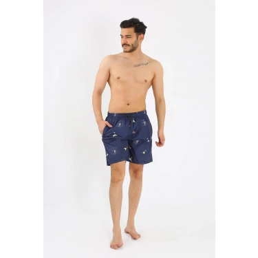 Moda Erkek Desenli Fermuar Cepli Deniz Şortu Lacivert