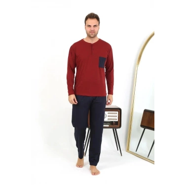 Moda Erkek Uzun Kol Penye Bordo Pijama Takımı