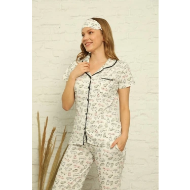 Moda Kadın %100 Pamuk Önden Düğmeli Kısa Kol Pijama Takım Ekru